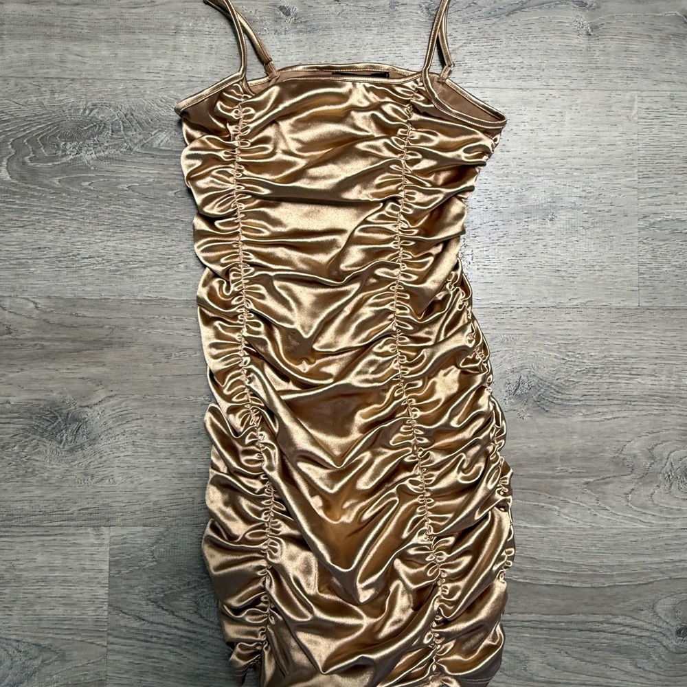 Gold Shimmer Ruched Spaghetti Strap Mini Dress